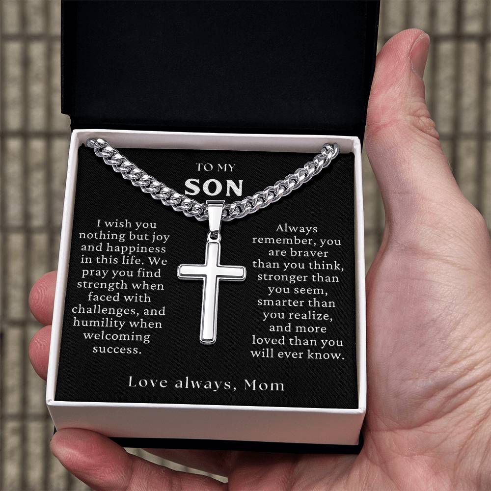 TO MY SON - Braver, Stronger, Smarter, (Love, Mom) Cross Necklace