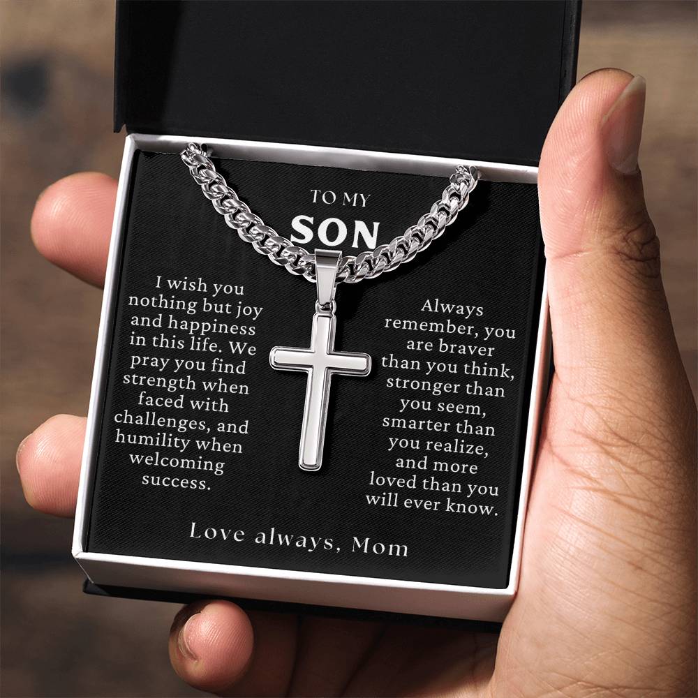 TO MY SON - Braver, Stronger, Smarter, (Love, Mom) Cross Necklace