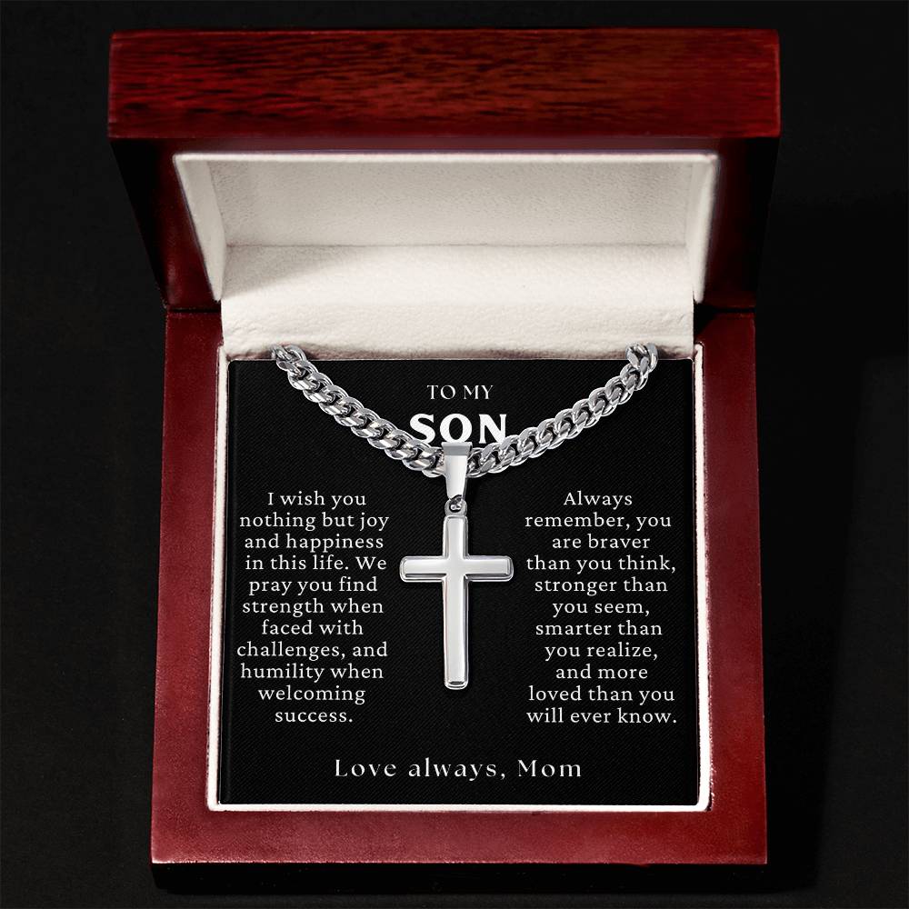 TO MY SON - Braver, Stronger, Smarter, (Love, Mom) Cross Necklace