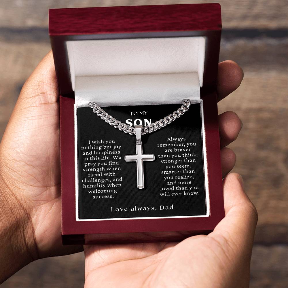 TO MY SON - Braver, Stronger, Smarter, (Love Dad) Cross Necklace